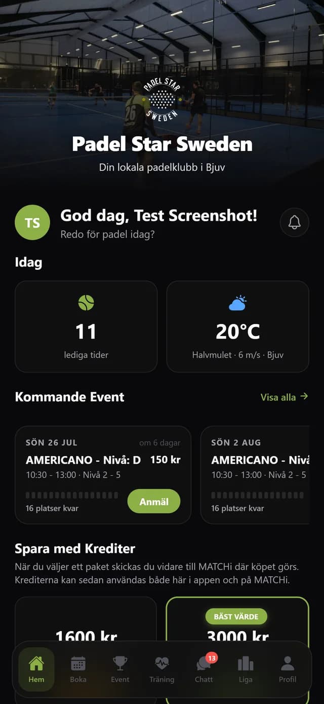 Appens startsida med dagens lediga tider och kommande aktiviteter